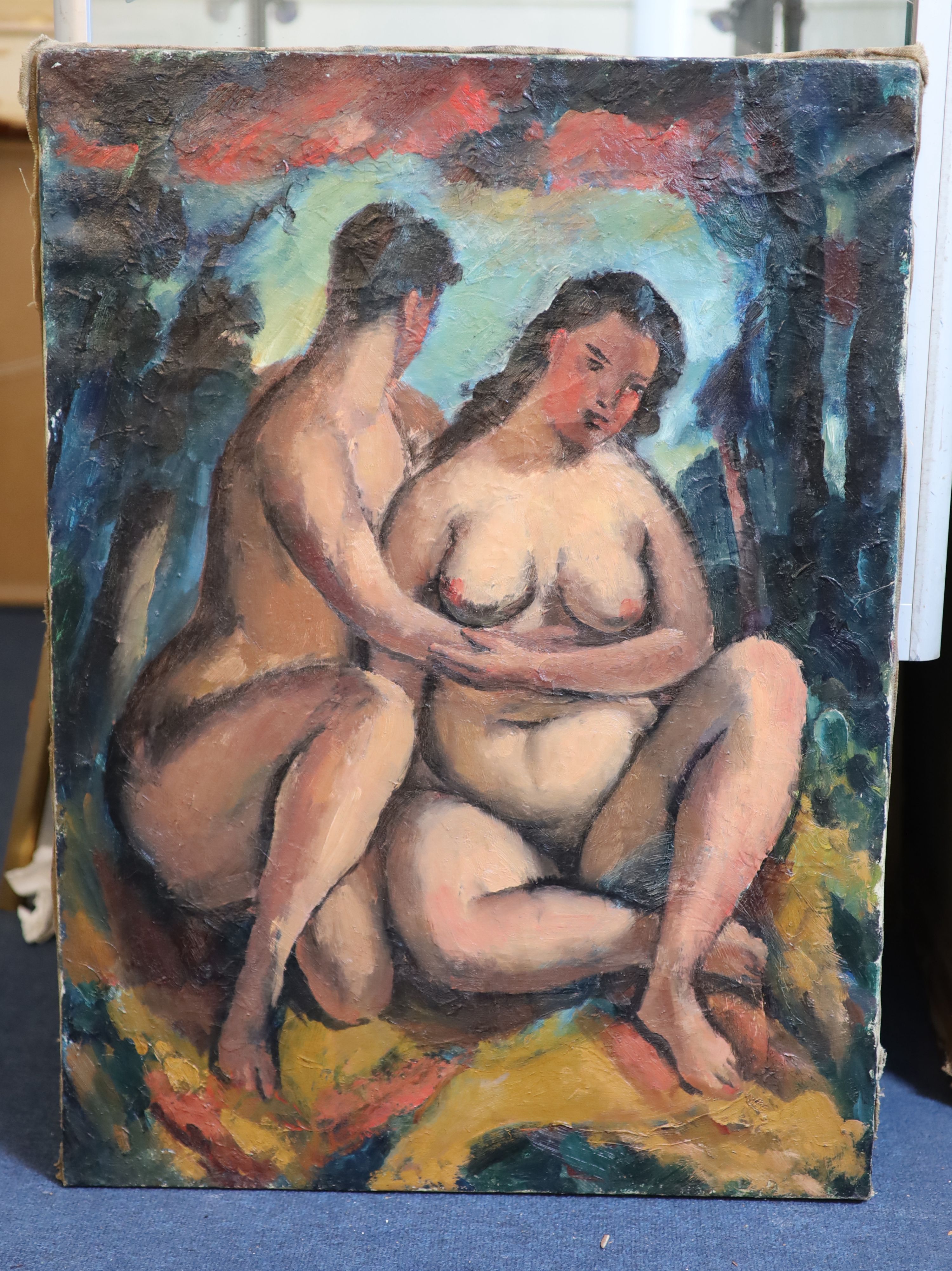 Robert Baker (1902-1992), Nude couple in a landscape, Oil on canvas, 77 x 56 cm. unframed